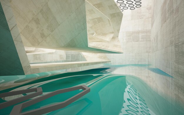 Абстрактный архитектурный бетонный интерьер минималистского дома, стоящего в воде 3D illustratio