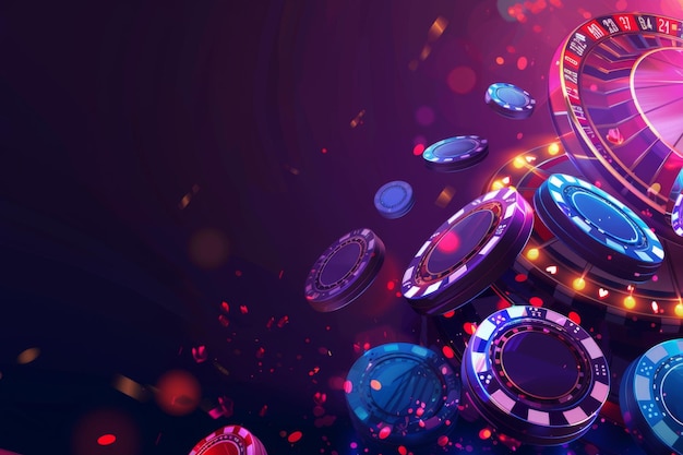 Photo abstract casino themed background with roulette wheel poker chips and dynamic lights