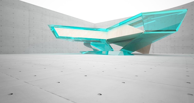Абстрактное бетонное и деревянное внутреннее многоуровневое общественное пространство с оконной 3D иллюстрацией и рендерингом