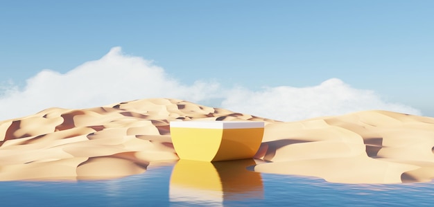 Абстрактная песчаная скала дюны с металлическими арками и чистым голубым небом Сюрреалистический минимальный природный ландшафт пустыни фон Сцена пустыни с глянцевыми металлическими арками геометрический дизайн 3D Render