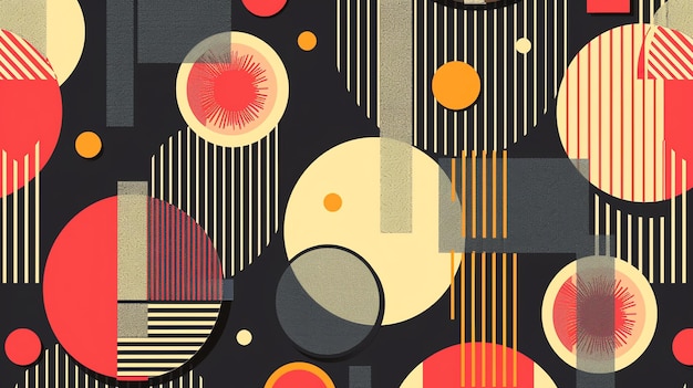 Abstract geometric pattern with red yellow and grey circles on a black background
