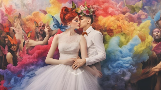 Photo abstract illustration of people with rainbow lgbt pride parade concept
