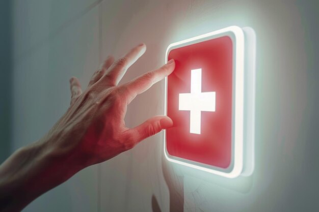 Абстрактный медицинский фон с пальцем, касающимся знака первой помощи