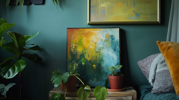 Abstract Oil Painting on Chest of Drawers Home Interior with Verdant Harmony Lush Greenery of plant