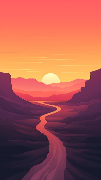 Фото Эстетическая абстрактная западная пустынная дорога горный закат искусство пустынная дорога векторные искусства иллюстрации