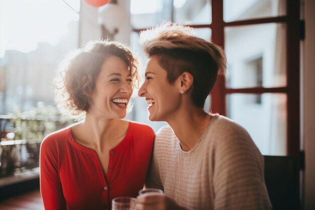 Affectionate happy lesbian lgbtq couple celebrates their anniversary