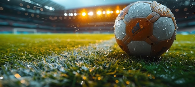 После игры футбольный мяч вблизи на траве футбольного поля на переполненном стадионе