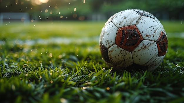 Фото После игры футбольный мяч вблизи на траве футбольного поля на переполненном стадионе