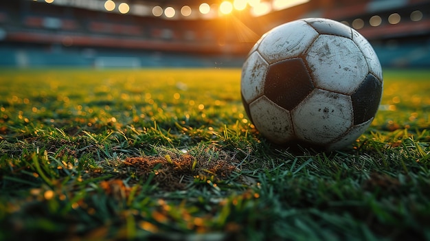 Фото После игры футбольный мяч вблизи на траве футбольного поля на переполненном стадионе