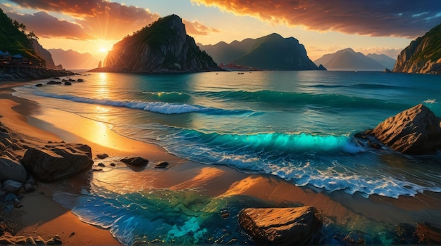 Photo ai generated magical sunset over water beach scene with mountain backdrop