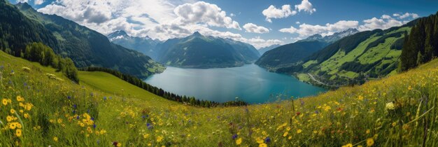 Фото Альпийский пейзаж с озером и дикими цветамиxa