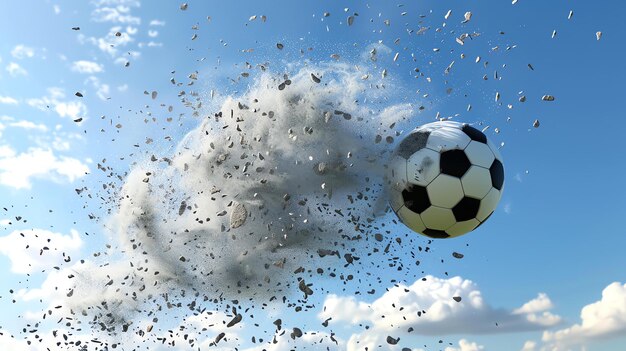 Foto un'incredibile foto di una palla da calcio che vola nell'aria con una scia di polvere e detriti che la seguono