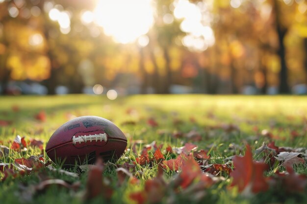 写真 背景がぼやけている緑のフィールドのアメリカンフットボールボールをaiが生成した