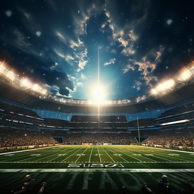 Photo american football stadium with bright lights and empty seats