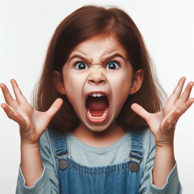 angry kid with open mouth waving her hands on a white background