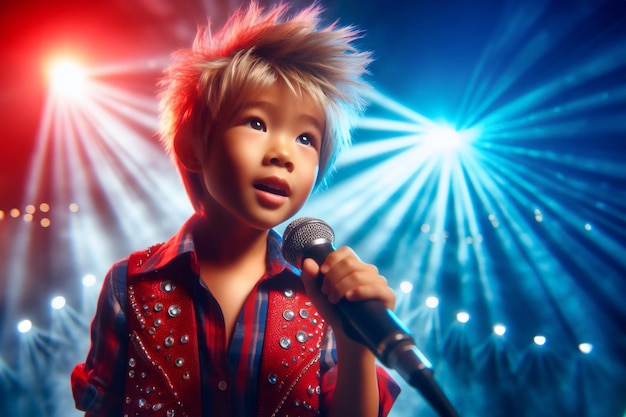 Photo asian boy child sings emotionally at a concert in front of microphone illuminated by spotlights