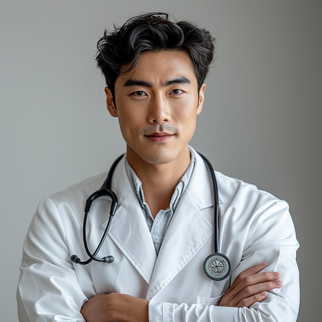 Foto un dottore asiatico con un camico bianco sta posando per una foto