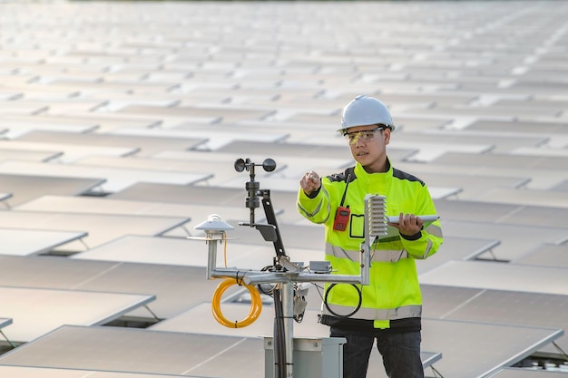 Азиатский инженер, работающий на плавучей солнечной электростанцииВозобновляемая энергияТехник и солнечные панели инвестора проверяют панели на установке солнечной энергии