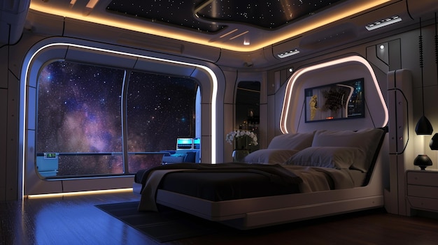 Фото Спальня с кроватью и видом на ночное небо