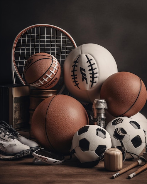 Фото Арафированное изображение стола с кучей спортивных мячей и теннисной ракеткой с генеративным искусственным интеллектом