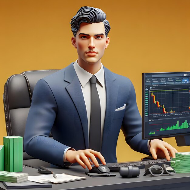 Фото Мужчина в костюме сидит за столом с компьютером генеративный ии