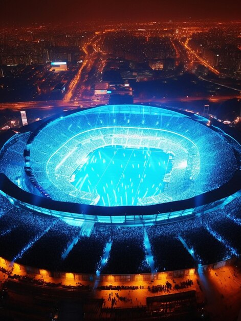 Фото Вид на стадион с большим синим стадионом, освещенным ночью, генеративный ии