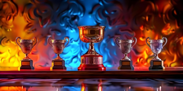 Фото Церемония награждения фон подиум с золотыми, серебряными и бронзовыми трофеями концепция церемонии награждения подиум дисплей золотые трофеи серебряные трофеи бронзовые трофеи
