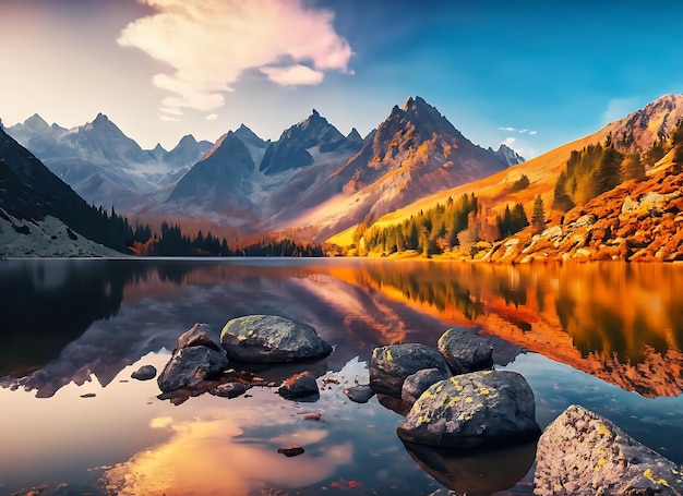 Фото Удивительный природный ландшафт прекрасный пейзаж с высокими вершинами татры камни в горном озере