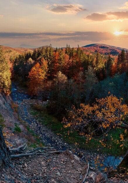 Осенний пейзаж Карпат и река Быстрица Солотвинской Гуты Ивано-Франковская область Украина Вид сверху