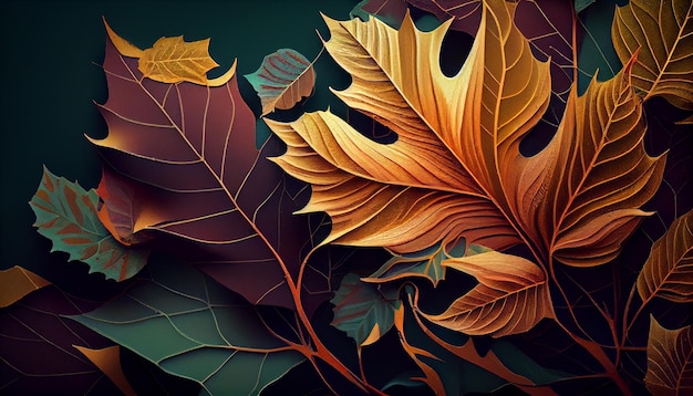 Осенние листья на ветвях деревьев ярких цветов, генеративный ИИ