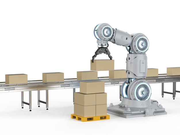 Photo automation industry concept with 3d rendering robot arm with cardboard boxes on conveyor belt