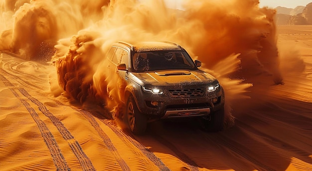 Автомобиль SUV едет на высокой скорости в пустыне, делая песчаные брызги в солнечный летний день во время ралли