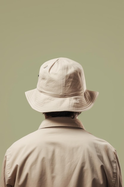 Back of man with beige bucket hat on beige background created using generative ai technology