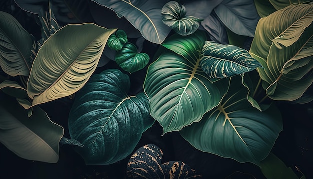 Фото Фон из листьев растений и тропический цветочный дизайн для обоев generative ai