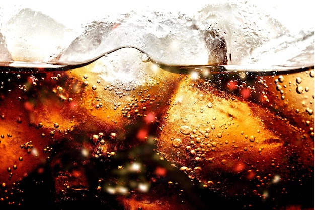 Photo background of cold cola with ice and bubbles.