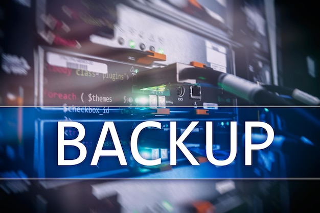 Backup button on modern server room background Data loss prevention System recovery