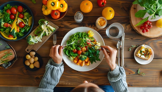 Фото Сбалансированная диета и здоровая еда женщина обедает за деревянным столом