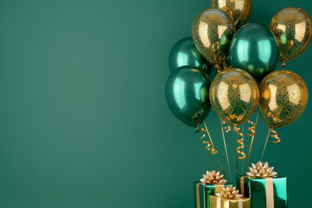 Фото Воздушные шары и подарки сидят на столе с зеленой стеной генеративный ай