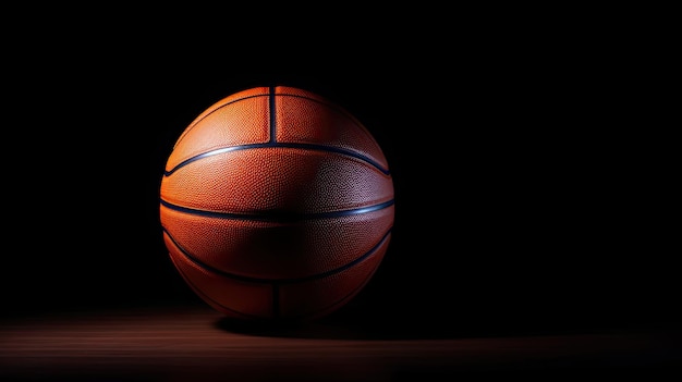 баскетбольный мяч показан в темноте со светом на полу.