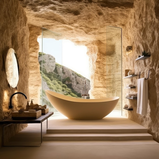 Ванная комната с большой ванной и окном