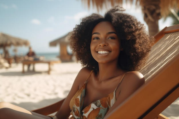 Красивая афроамериканка в отпуске портрет крупного плана на фоне пляжа