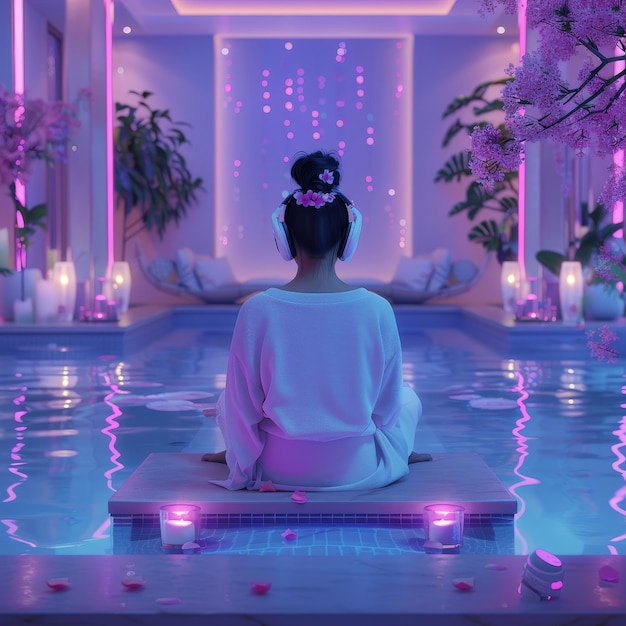 Photo beautiful asian woman sitting in spa swimming pool with candles and flowers