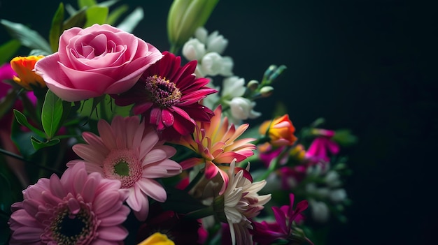 Photo beautiful bouquet of different flowers on black background floral card design with d generative ai