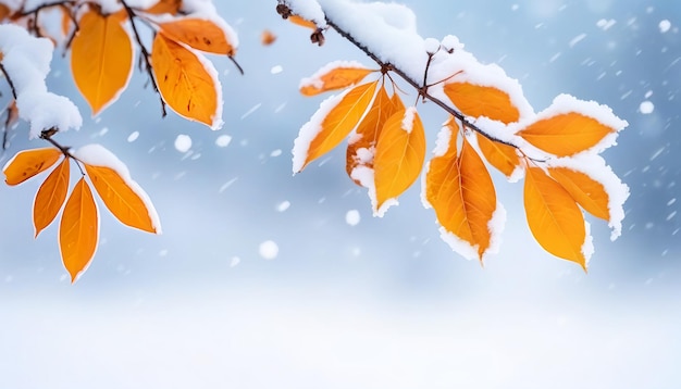 Фото Красивая ветвь с оранжевыми и желтыми листьями в конце осени или в начале зимы под снегом