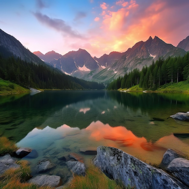 Фото Красивый пейзаж с высокими горами с освещенными камнями пиков в отражении горного озера