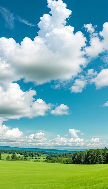 Фото Красивая естественная живописная панорама зеленое поле отрубленной травы в и голубое небо с облаками на горизонте