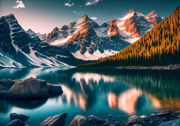 Фото Красивый летний закат природы над горами и озером в лесу генеративный ai