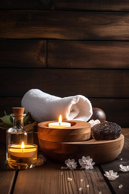 Photo beautiful spa composition on wooden background natural skincare cosmetic products