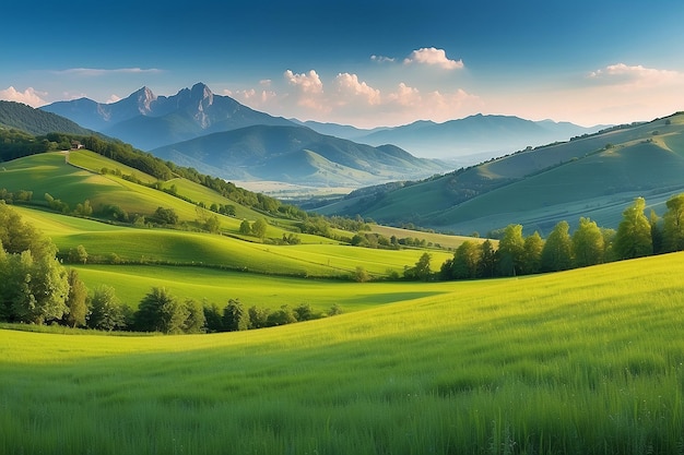 美しい夏の山の田舎風景 夏の緑の畑のパノラマ