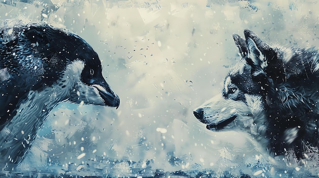 Красивая картина волка и пингвина, стоящих лицом друг к другу в снегу. Волк слева, а пингвин справа.